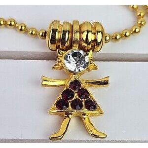 Vintage USA KLS Pendant Girl Deep Red Clear Rhinestones Gold Tone 28 inch Chain